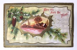 May All Joys Be Thine Pinecones Scenic Embossed Interesting 1914 Cancellation - $6.00