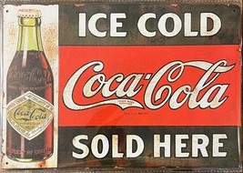 Coca-Cola Vintage Novelty Metal Sign 12&quot; x 8&quot; Wall Ice Cold - Sold Here - £6.37 GBP