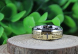 JEWELRY 8MM Gold Color Top Silver Edges The New Prayer&#39;s Men&#39;s Tungsten Wedding  - £30.83 GBP