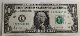 US $1 Fancy Serial #02024033: 1 triple  2 pairs 4 unique digits - $1.95