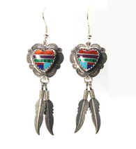 Multicolor Inlay Heart Earrings Drop Dangle Feathers Vintage - £23.59 GBP