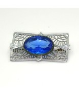 Art Deco Blue Crystal Filigree Brooch, Vintage Rectangle Pin, Silver Tone - £39.42 GBP
