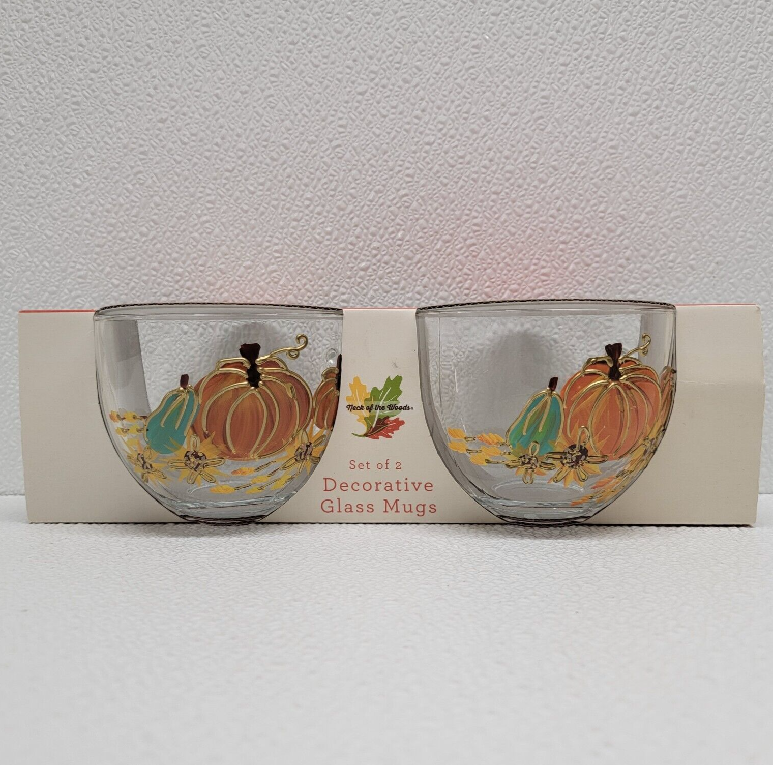 Neck Of The Woods Set of 2 Decorative Glass Mugs Pumpkin Floral Fall Autumn - $23.80