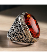 Classic Amber Men Ring 925 sterling silver Oval shape amber stone side o... - €372,75 EUR