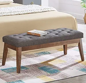 Linen Upholstered Tufted Bench With Solid Wood Leg,Ottoman With Padded S... - $230.99