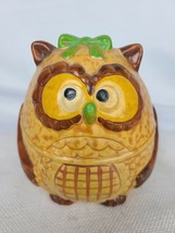 Vintage Ceramic Enesco Owl Wearing Apron with Green Hair Ribbon Piggy Coin Bank - £24.96 GBP