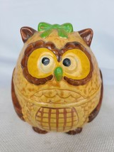 Vintage Ceramic Enesco Owl Wearing Apron with Green Hair Ribbon Piggy Coin Bank - $31.96