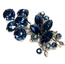 Vintage 1950-1960s Blue Prong Set Rhinestone Brooch Pin Floral Bouquet - $22.00