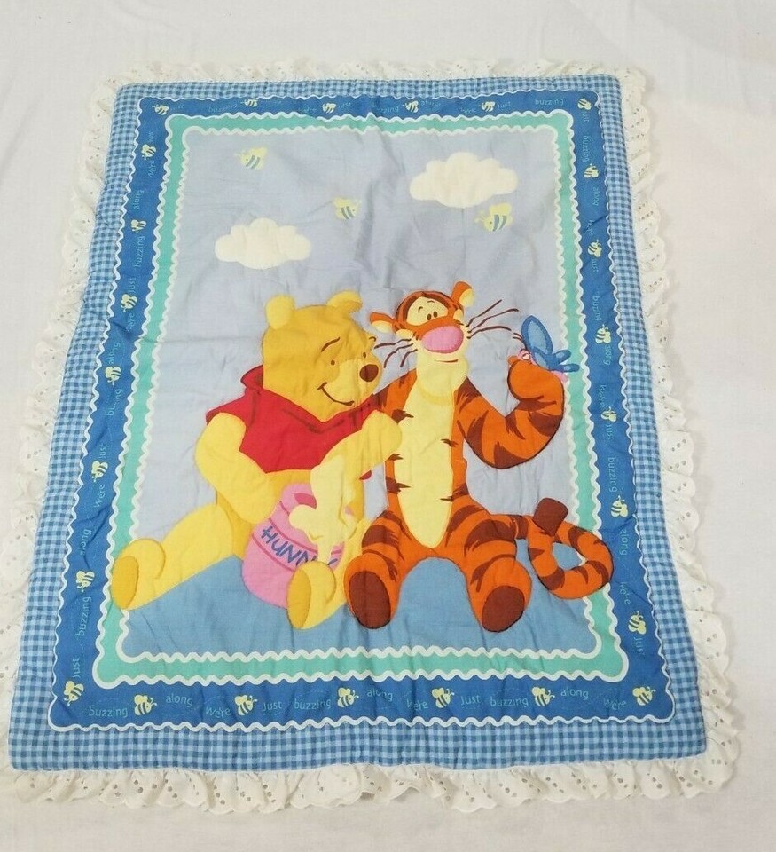 Vintage handmade crib quilt pooh tigger We&#39;re just buzzing along 38x31 t... - $32.99