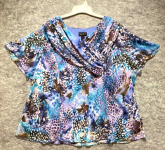 Maggie Barnes Womens Blouse Size 30W Blue V-Neck Purple Pattern Shirt Print Top - £11.68 GBP