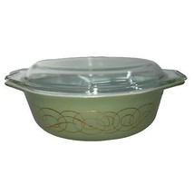 Vintage Pyrex Dish Green Scroll Golden Casserole with lid 1960s Mid Century  - £37.19 GBP