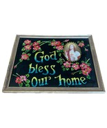 Vtg God Bless Our Home Foil Art 17x13 Sacred Heart Jesus Framed Under Glass - $133.18 CAD