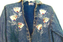 Sz S/M - Pretty Bleu Blue Jean Denim Appliqued &amp; Beaded Long Sleeve Shirt - £20.28 GBP