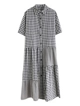 work Plaid Long Shirt Dresses For Women Short Sleeve Loose Casual Black Vintage  - £79.28 GBP