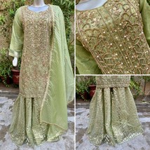 Pakistani pista Green heavy  jewel work Organza 3pcs fancy Sharara Dress,L - $147.51