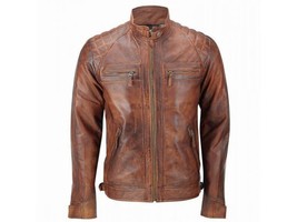 Men Leather Jacket Vintage Biker Café Racer Designer Distressed Genuine ... - €178,65 EUR