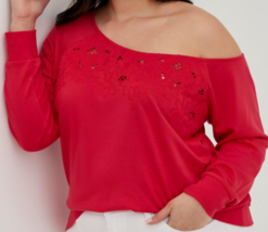 Torrid Pink French Terry Lightweight Off Shoulder Embroidered Sweatshirt... - £11.77 GBP