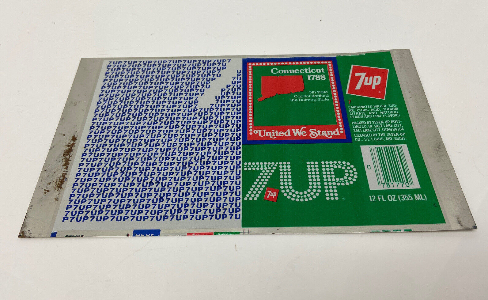 Primary image for Connecticut Unrolled Aluminum “7 UP” Can 1959 States- United We Stand