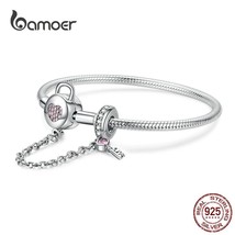 925 Sterling Silver Snake Chain Bracelet Zircon Pink Heart Lock and Key Safety C - £45.07 GBP
