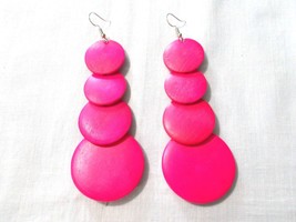 4 Tier Bright Hot Pink Color Bohemian Wooden Rounds Graduating 4&quot; Pair Earrings - £5.58 GBP