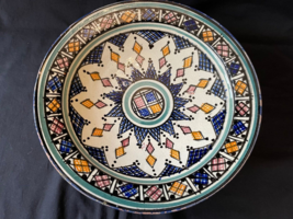 Distinctive antique Handmade Moroccan Pottery Bowl / Charger Wall Plate - $168.99