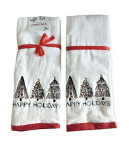 Christmas Tree Holiday Hand Towels Set of 2 Embroidered White Red Black Winter - £26.24 GBP