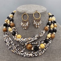 Beaded Jewelry Set Earth Tone Multistrand Necklace Pierced Ear Dangle Fr... - $19.99