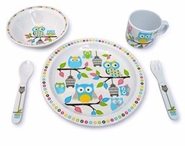Kids Plate And Bowl Melamine Dinnerware - Owl Set Of 5 - £21.04 GBP
