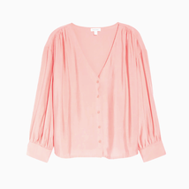 Nordstrom V-Neck Long Sleeve Button-Up Modal Blouse | Pale Pink, Sz L New - £26.08 GBP