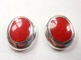 Red Coral Ovals 925 Sterling Silver Stud Earrings Corona Sun Jewelry - £36.07 GBP