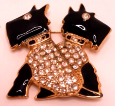 Trifari Scottie Dogs Black Enamel Gold Tone Rhinestones Brooch Pin 2x2 S... - £38.93 GBP