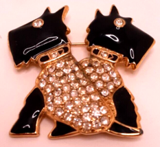 Trifari Scottie Dogs Black Enamel Gold Tone Rhinestones Brooch Pin 2x2 S... - $49.50