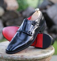 Handmade men&#39;s bespoke genuine calf leather black monk strap dress shoes - £143.84 GBP+
