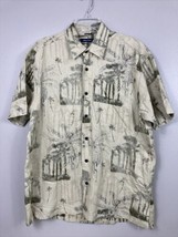 Nautica Men&#39;s Sz L Silk/Linen Kaki Tropical Hawaiian Palm Tree Button Up Shirt - £18.34 GBP