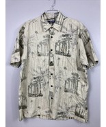 Nautica Men&#39;s Sz L Silk/Linen Kaki Tropical Hawaiian Palm Tree Button Up... - £18.47 GBP