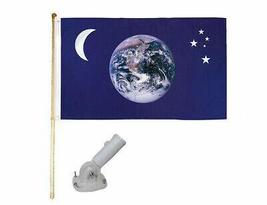 5&#39; Wood Flag Pole Kit Nylon White Bracket 3x5 Earth Moon &amp; Stars Polyester Flag - £19.46 GBP