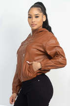 Camel Brown Faux Leather Hoodie Elastic Waist Front Zipper Jacket_ - £15.18 GBP