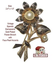 Damascene Pin Flower w/ Faux Pearls Brooch Spain Vintage Brooch Pin - £11.16 GBP