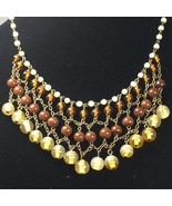 Beaded Bib Dangle Necklace Brown and Yellow Glass Beads 17&quot; - 20&quot; Autumn... - £15.14 GBP
