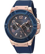 GUESS Men&#39;s U0247G3 Rigor Blue &amp; Rose Gold-Tone Silcone Casual Sport Watch - £156.83 GBP