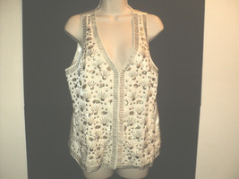 Chico&#39;s Vest Size 1, S-M Off White Satin Shimmer w/ Antique Gold Beads, Sequins - £23.30 GBP