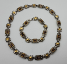 Premier Designs Gold & Silver Brown Pyramid Shaped Link Bracelet & Necklace - $24.18