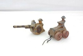 2 Lead Army Figures Man With Cannon &amp; Man On Transport With Wood Wheels - £23.73 GBP