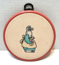 Vintage Handmade Framed Cross Stitch Momma Bunny with Baby Bunny Round 5... - £13.02 GBP