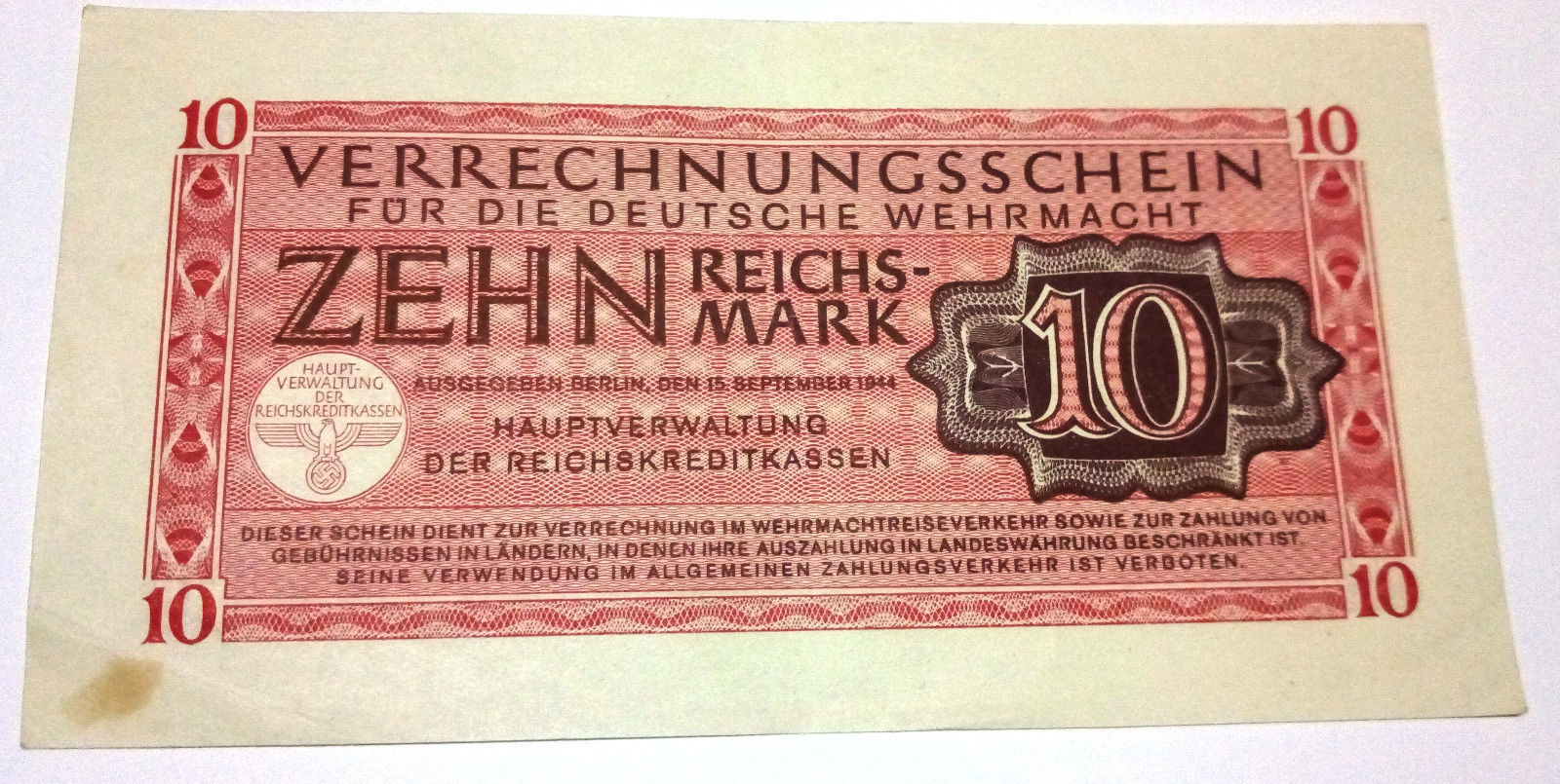 1944 Nazi Germany 10 Reichsmark banknote WEHRMACHT - $19.80