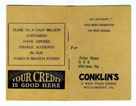 Conklin&#39;s Charge Account Booklet Williamsport Pennsylvania - £19.39 GBP