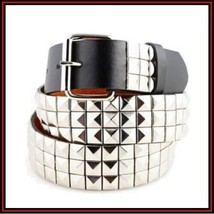 Silver Black Studded Belt Mens Womens Unisex 3Rows Pyramid Party Costume... - £7.48 GBP+