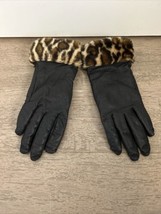 Black Leather and Leopard Faux-Fur Gloves - Unbranded - Fit like Size 7 - $20.00