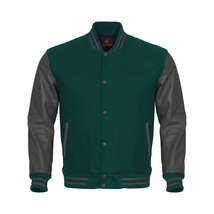 Letterman Varsity Bomber Baseball Jacket Forest Green Body &amp; Grey Leather Sleeve - £90.24 GBP