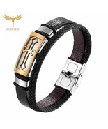 New Men’s Black Leather Gold Tone Cross Bracelet - £8.69 GBP